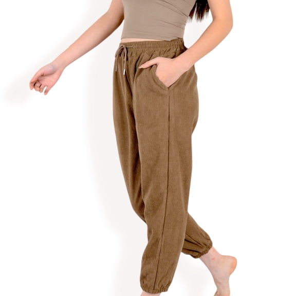 Women's High Waist Drawstring Pants with Elastic Cuffs and Side Pockets - Small, Brown