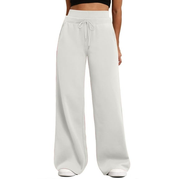 Women's High Waist Drawstring Sweatpants, Wide Leg Baggy Lounge Pants with Elastic Waistband and Side Pockets, Casual Loose Fit Trousers for Daily Wear and Home Comfort White L