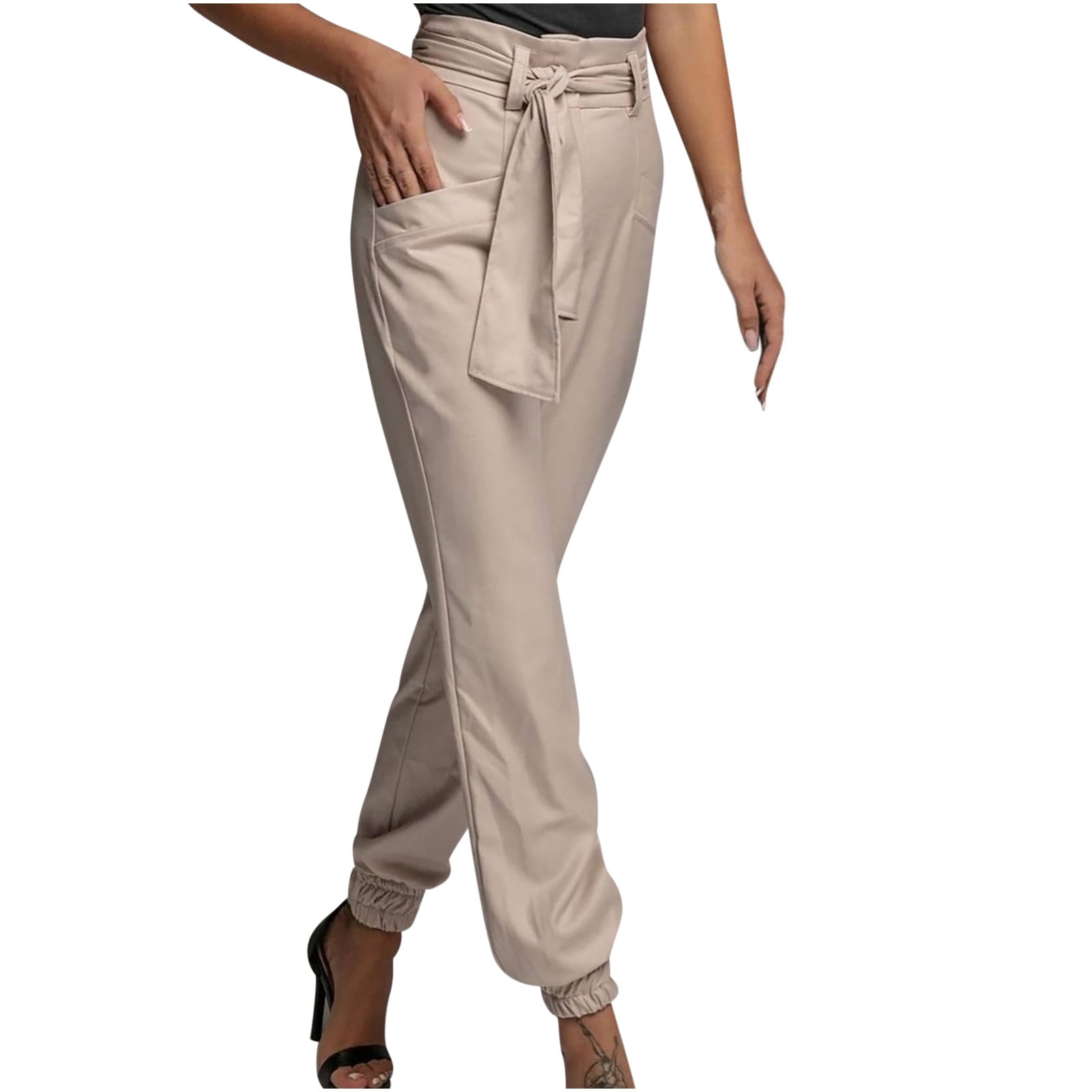 Women's High Waist Dress Pants with Belt Pockets Athleisure Pants Cinched  Ankle Length Soft Satin Joggers
