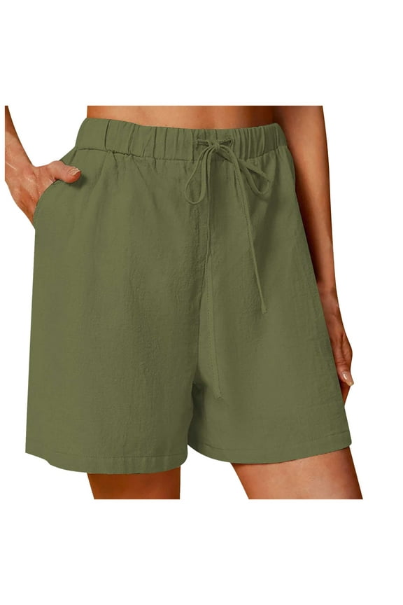 Women's High Waist Elastic Drawstring Shorts - Casual Loose Fit, Side Pockets, Solid Color, Summer Sports Beachwear