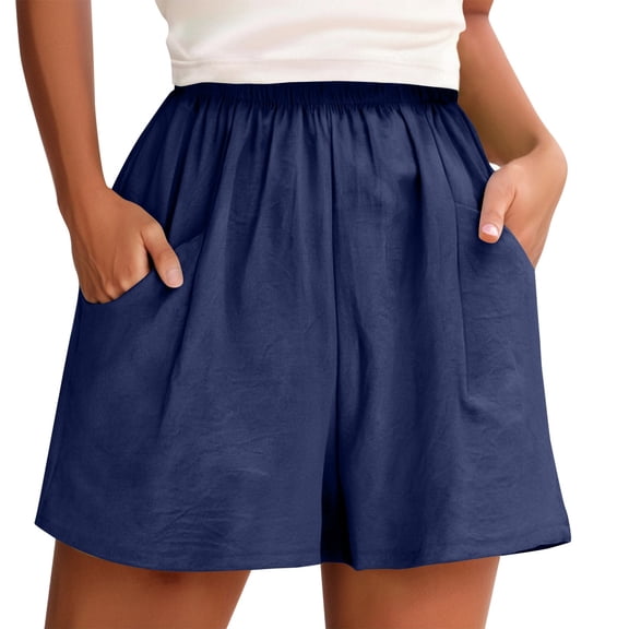 Women's High Waist Elastic Drawstring Shorts with Pockets - Knee-Length Comfy Wide Leg Summer Casual Shorts for Yoga, Beach & Lounge,Navy S