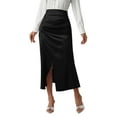 thumbnail image 1 of Women's High Waist Elegant Satin Maxi Skirt with Side Slit - French Draped Casual Formal Midi Skirt for Party Office Events,Black L, 1 of 5