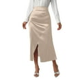 thumbnail image 1 of Women's High Waist Elegant Satin Maxi Skirt with Side Slit - French Draped Casual Formal Midi Skirt for Party Office Events,Champagne M, 1 of 5