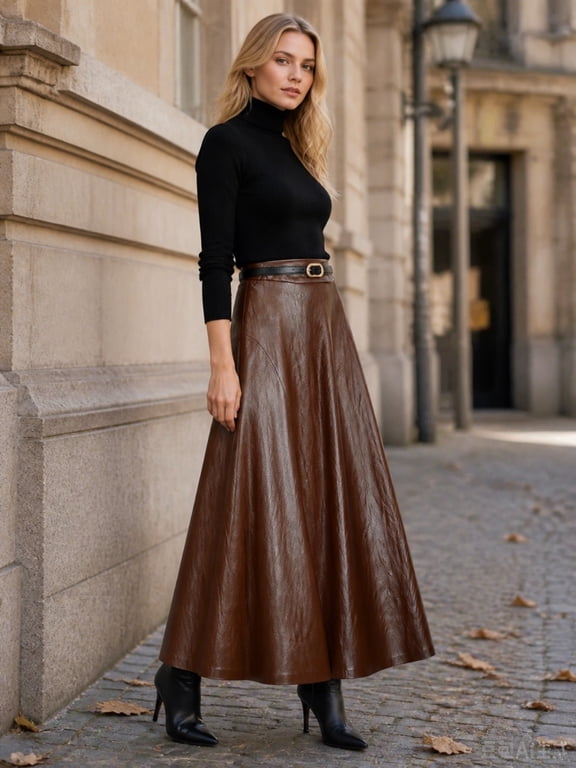 Women's High Waist Faux Leather Midi A-Line Skirt with Flared Hem