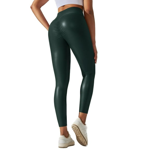 Women's High Waist Faux Leather Pants Legging Tights Latex Booty Pushing Up Long Skinny Leggings PU Soft Butt Lifting Stretchy Green 8-10