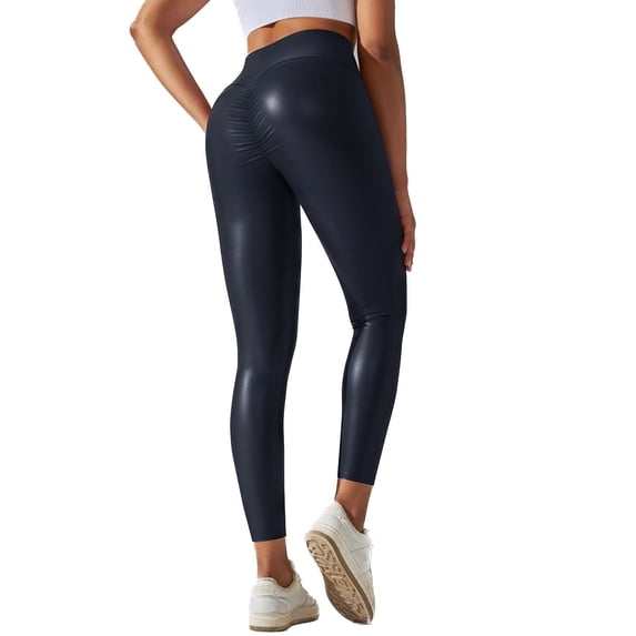 Women's High Waist Faux Leather Pants Legging Tights Latex Booty Pushing Up Long Skinny Leggings PU Soft Butt Lifting Stretchy Navy 12