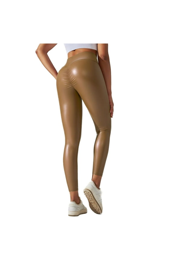 Women's High Waist Faux Leather Pants Legging Tights Latex Booty Pushing Up Long Skinny Leggings PU Soft Butt Lifting Stretchy Yellow 12