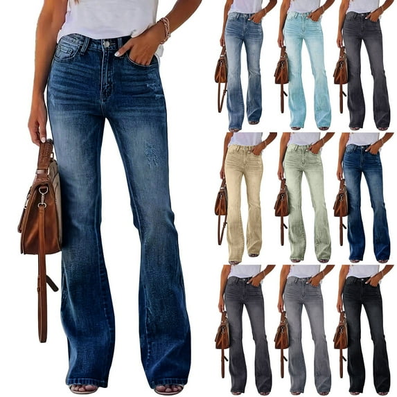 Women's High Waist Flare Jeans with Bell Bottom Design Comfortable Stretch Denim Wide Leg Pants for Casual Wear