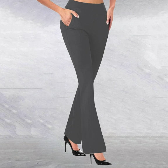 Women's High Waist Flare Leg Dress Pants, Pull On Stretchy Work Trousers with Front and Back Pockets, Comfortable Office Slacks for Business Casual Wear and Professional Settings Dark Gray XL