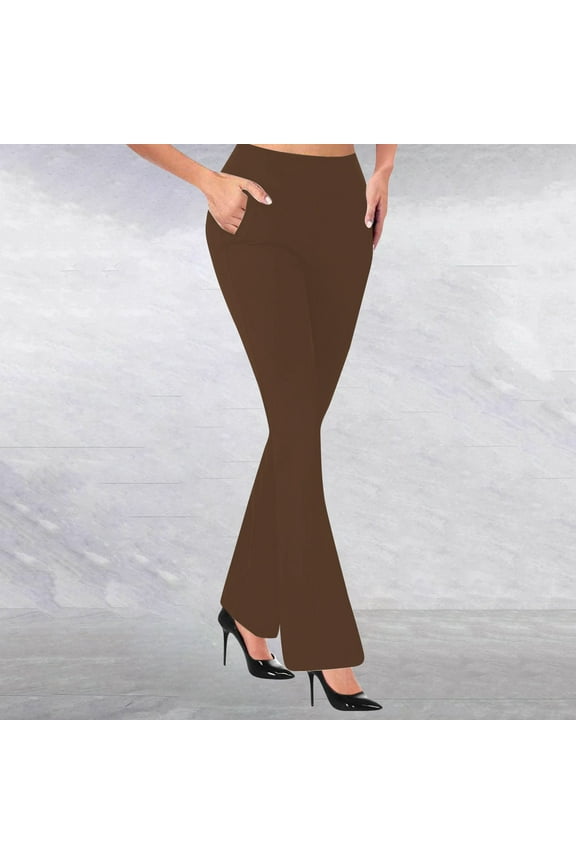 Women's High Waist Flare Leg Dress Pants, Pull On Stretchy Work Trousers with Front and Back Pockets, Comfortable Office Slacks for Business Casual Wear and Professional Settings Brown XL