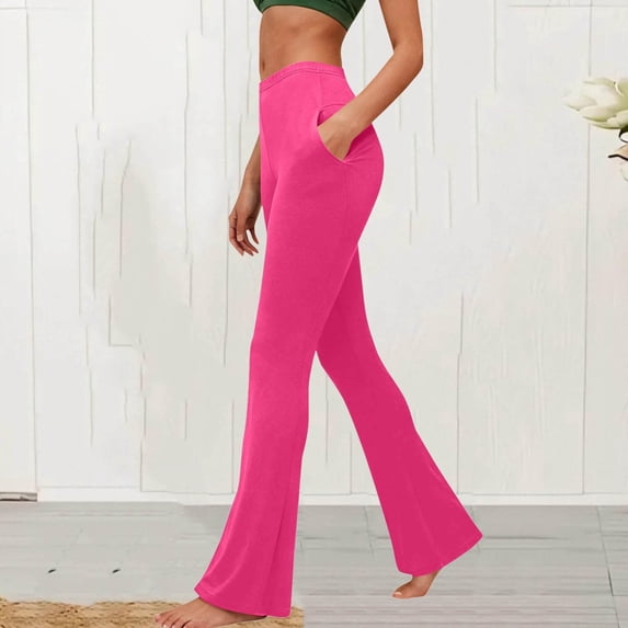 Women's High Waist Flare Leggings, Athletic Compression Pants with Pockets, Stretchy Soft Workout Yoga Bottoms for Gym, Fitness, and Casual Wear-Hot Pink