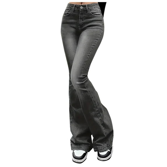 Women's High Waist Flare Vintage Jeans, Polyester, Breathable, with Front Split Hem, for Various Occasions