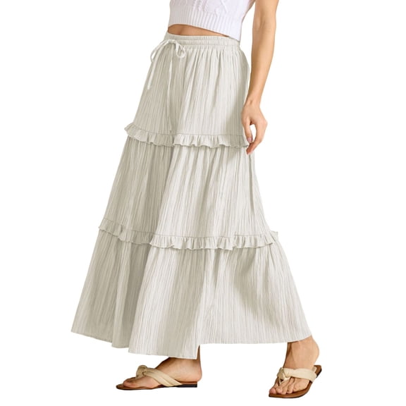 Women's High Waist Flared A Line Midi Skirt - Elastic Drawstring Tiered Ruffle for Wedding Guest Cocktail Party Summer Wear