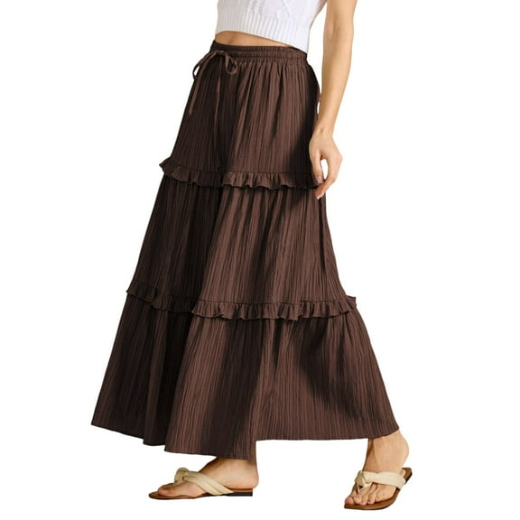 Women's High Waist Flared A Line Midi Skirt - Elastic Drawstring Tiered Ruffle for Wedding Guest Cocktail Party Summer Wear