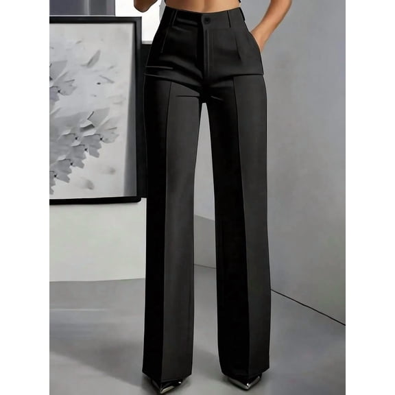 Women's High Waist Flared Pants with Pockets, Button Closure, Straight Seam Detail, Casual Daily Wear