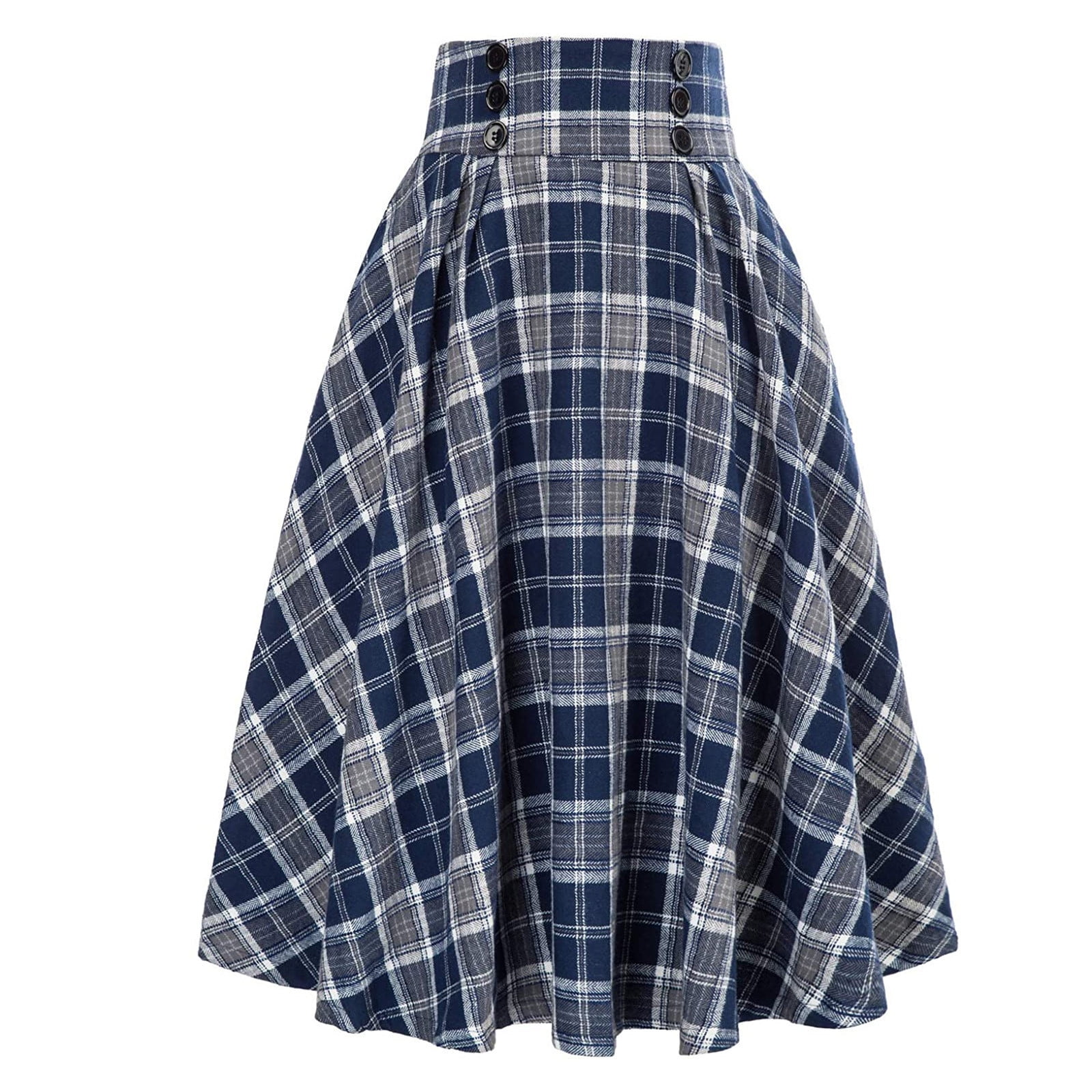 Women's High Waist Flared Skirt Vintage Plaid Pleated A-Line Swing Midi ...