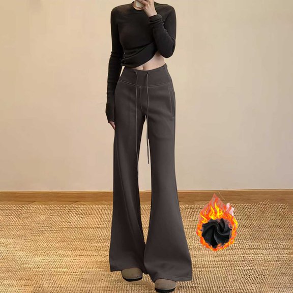 Women's High Waist Flared Sweatpants, Fleece Lined Tummy Control Pants, Elastic Drawstring Wide Leg Lounge Pants for Winter, Fall, Casual Outfits and Streetwear Dark Gray S