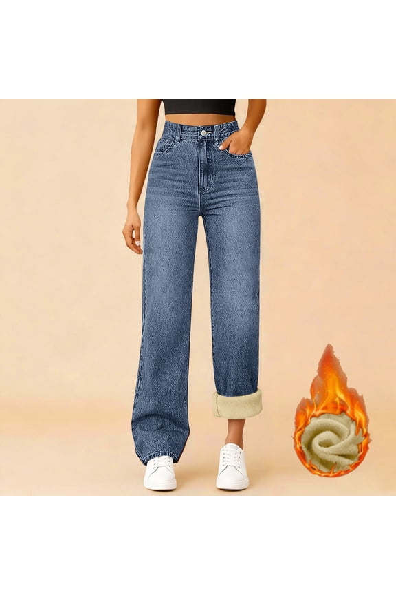 Women's High Waist Fleece Lined Jeans, Classic Straight Leg Denim Pants with Thermal Lining, Warm Winter Jeans for Casual Everyday Wear, Plus Size and Cold Weather Blue XXL