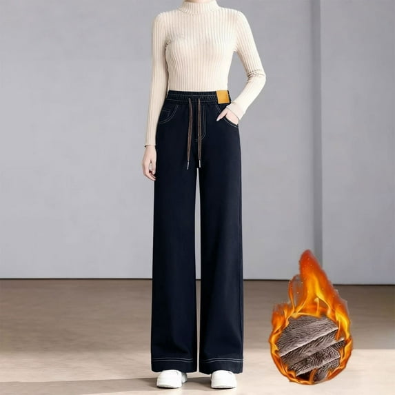 Women's High Waist Fleece Lined Jeans, Pull On Straight Leg Pants, Stretchy Baggy Jeans, Warm Winter Jeans, Casual Elastic Waist Jeans, Tummy Control Straight Leg Jeans Navy XXXXL