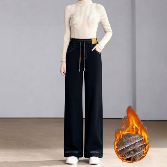 Women's High Waist Fleece Lined Jeans, Pull On Straight Leg Pants, Stretchy Baggy Jeans, Warm Winter Jeans, Casual Elastic Waist Jeans, Tummy Control Straight Leg Jeans Black XXL