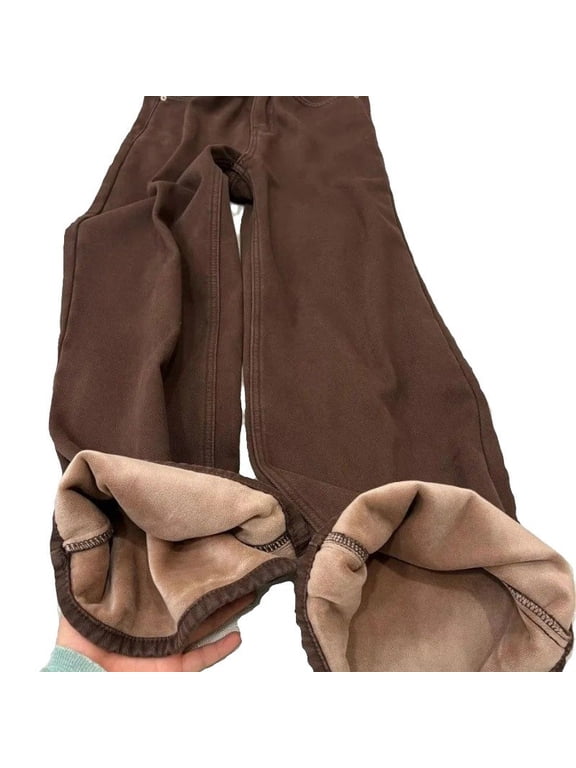 Women’s High-Waist Fleece-Lined Wide-Leg Jeans Brown Thickened Warm Loose Fit Straight Pants Winter Casual Fashion Slimming Streetwear Denim Trousers
