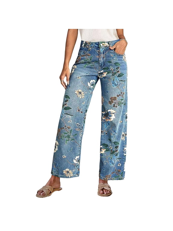 Women's High Waist Floral Print Jeans, Loose Fit Straight Leg Denim Pants, Stretchy Summer Casual Jeans for Daily Wear, Vacation, Music Festival and Boho Outfits from Haven Threads
