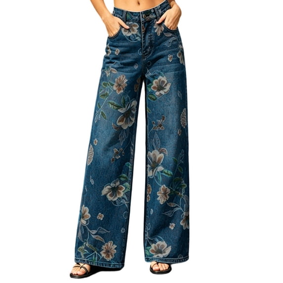 Women's High Waist Floral Print Jeans Wide Leg Casual Loose Straight Denim Pants Y2K Vintage Flower Trousers Denim Palazzo Pants with Pockets