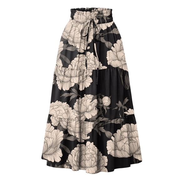 Women’s High Waist Floral Print Maxi Skirt with Elastic Waistband and Tiered Ruffle Design for Casual Wear Dark Gray L