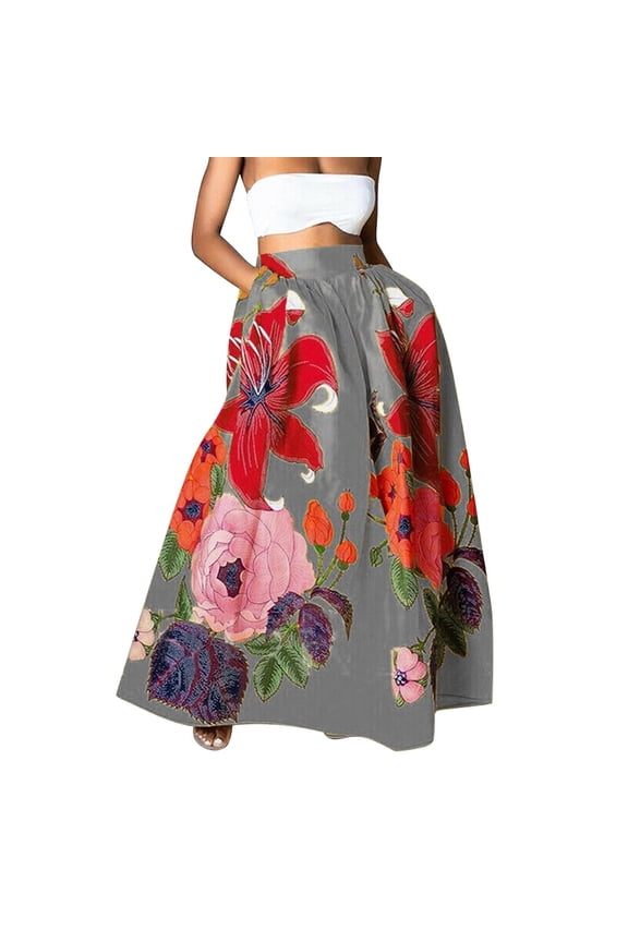 Women's High Waist Floral Print Maxi Skirt with Pockets A-Line Long Flowing Summer Casual Skirt for Beach or Daily Wear Gray 2XL