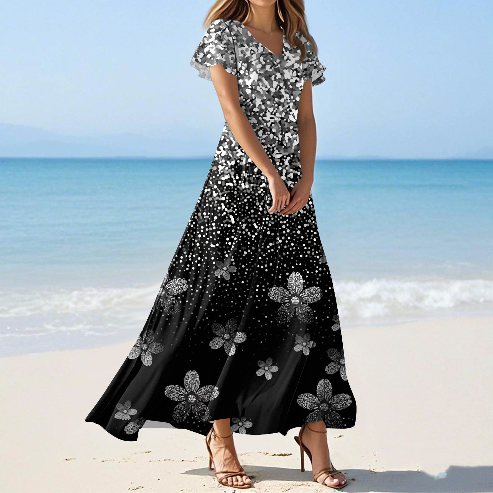 Women's High Waist Flowy Dress Floral Empire Waist Maxi Dress