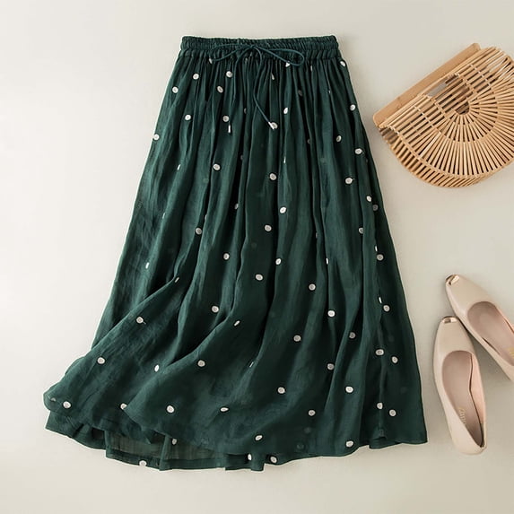 Women's High Waist Flowy Pleated Maxi Skirts Polka Printed Vintage Summer Skirt Lightweight A-Line Casual Summer Beach Skirt Green XXL