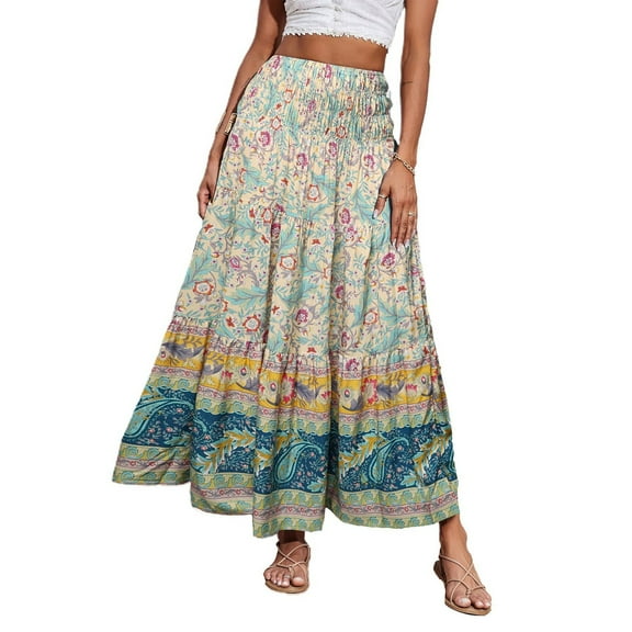Women's High Waist Folded A-Line Trumpet Skirt - Solid Color Layered Bohemian Maxi Skirt with Elastic Waist for Casual and Party Outfit Combinations,Mint Green M