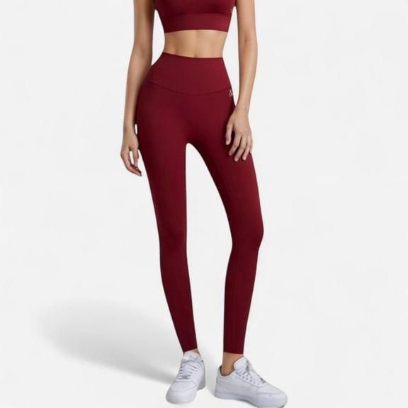 Women's High Waist Full-Length Leggings with Wide Waistband and Seamless Compression Fit - Large, Burgundy