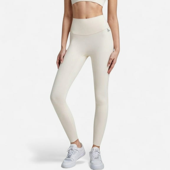 Women's High Waist Full-Length Leggings with Wide Waistband and Seamless Compression Fit - Large, Off White