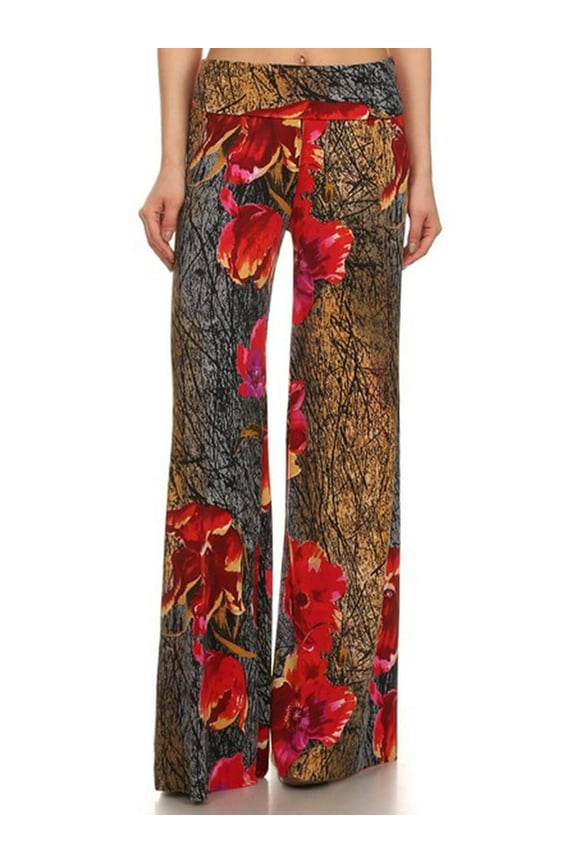 Women's High Waist Full Length Wide Leg Palazzo Pants with Fold Over Waist Band