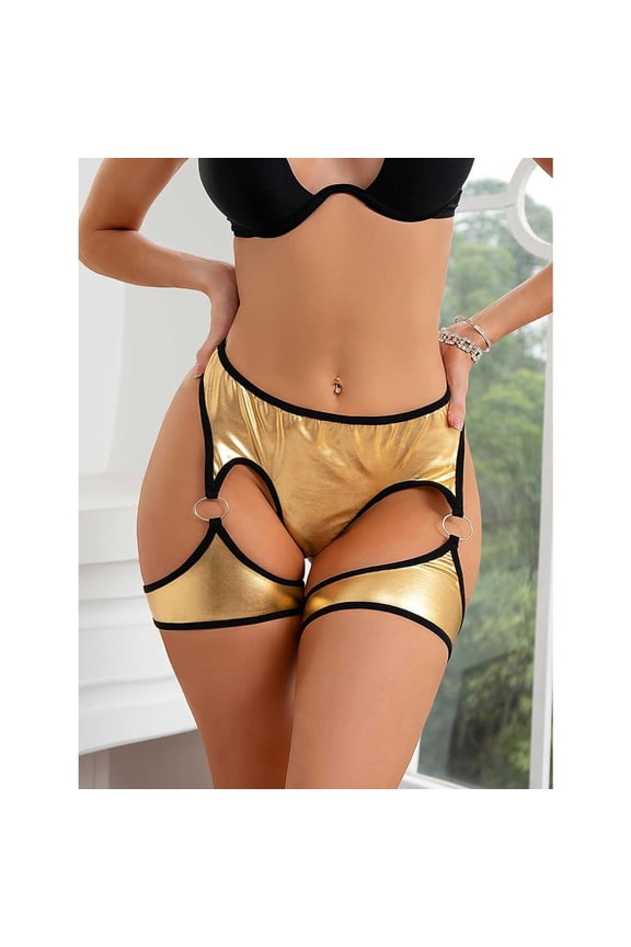 Women's High Waist Garter Panty Cut Out Bottom Underwear G String Shorts, Gold S-XXL