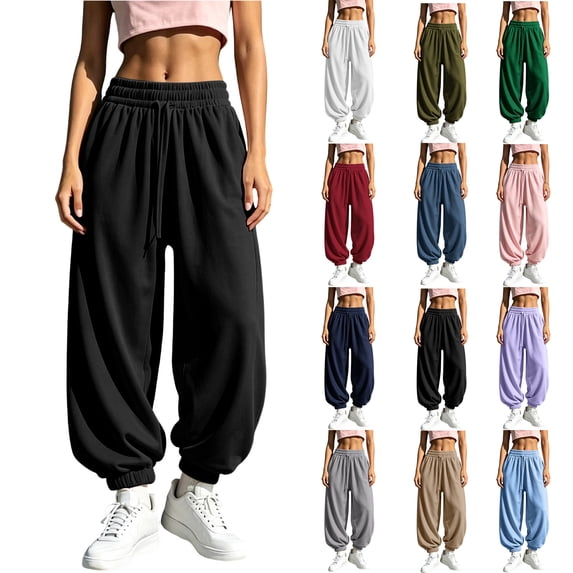 Women's High Waist Harem Joggers Wide Elastic Waist Balloon Sweatpants Soft Solid Color Lounge Pants with Pockets