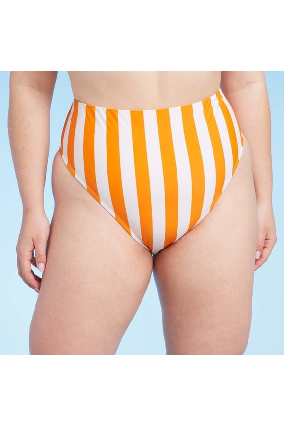 Women's High Waist High Leg Cheeky Bikini Bottom - Shade & Shore Orange Striped X