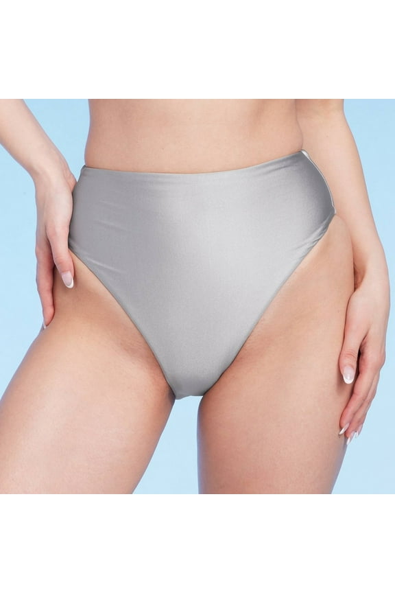 Women's High Waist High Leg Cheeky Bikini Bottom - Shade & Shore Silver Shine XL