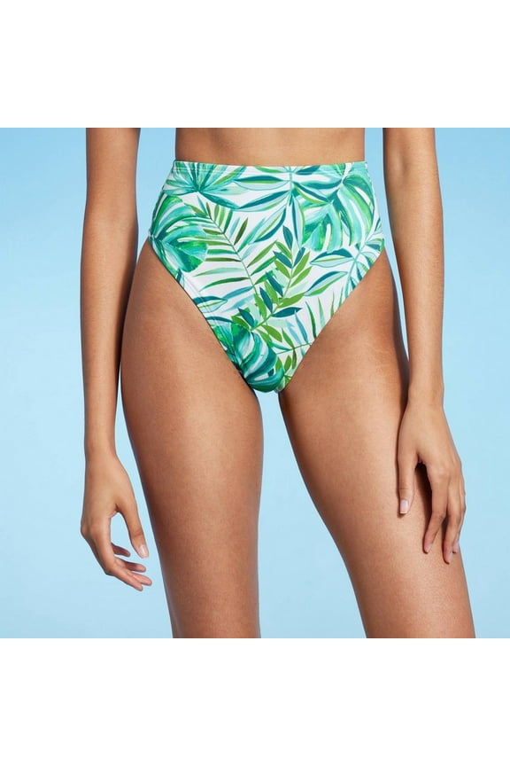 Women's High Waist High Leg Extra Cheeky Bikini Bottom - Shade & Shore Green Leaf Print XS