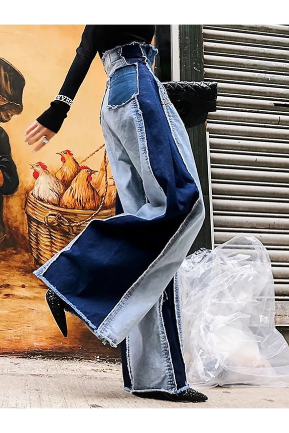 Women's High Waist Hit Color Denim Patchwork Trousers Stretch Straight Wide Leg Baggy Jeans Plus Size Casual Street Pants with Flap Pockets Zipper Closure for All Seasons
