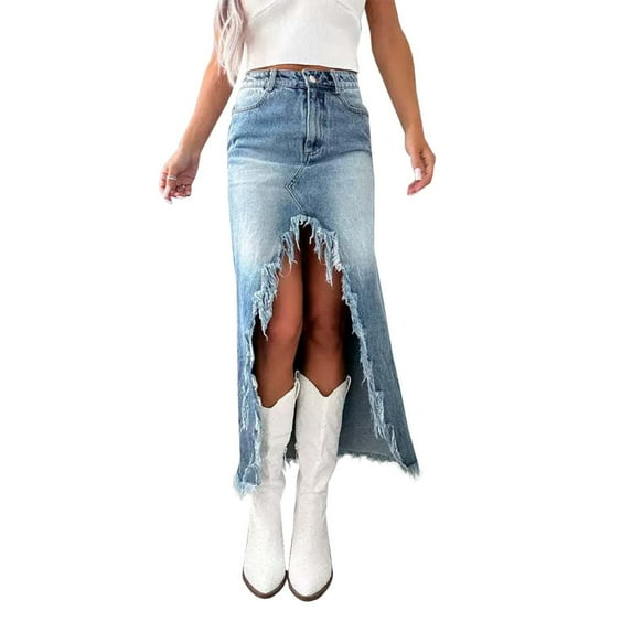 Women's High Waist Irregular Denim Skirt - Distressed Washed, Long Length, Wide Sizes (S-XXL), Casual to Semi-Formal Wear