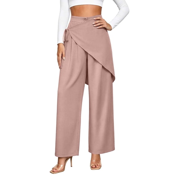 Women's High Waist Irregular Overlay Wide Leg Pants, Solid Draped Loose 9/10 Length Wrap Front Casual Trousers with Side Pockets for office Party Vacation Wear Pink XL(XL)