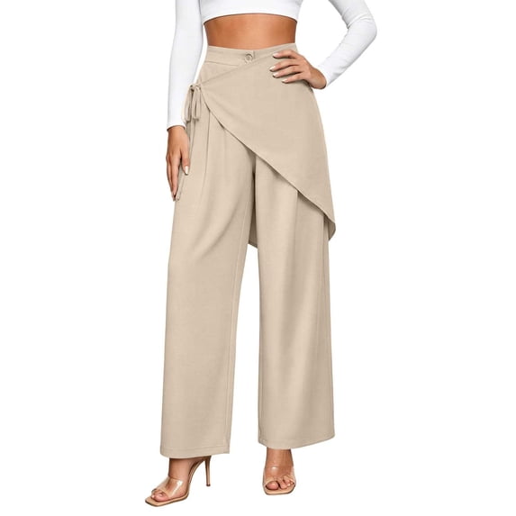 Women's High Waist Irregular Overlay Wide Leg Pants, Solid Draped Loose 9/10 Length Wrap Front Casual Trousers with Side Pockets for office Party Vacation Wear Beige M(M)