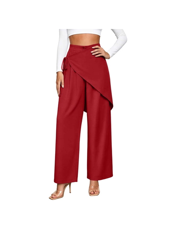 Women's High Waist Irregular Overlay Wide Leg Pants, Solid Draped Loose 9/10 Length Wrap Front Casual Trousers with Side Pockets for office Party Vacation Wear Red XXL(XXL)