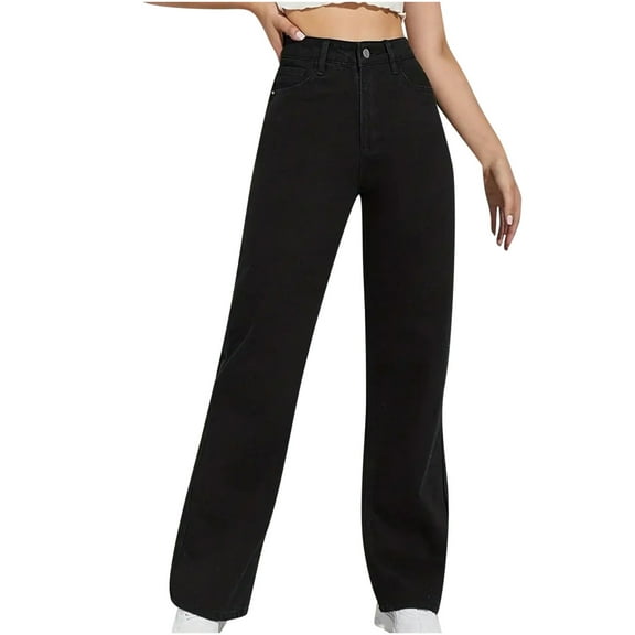 ZQUUVOU Women's High Waist Jean Pants Solid Color Straight Leg Wide Leg Pants Black