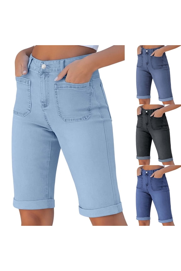 Women's High Waist Jean Shorts Stretch Fashion Casual Denim Knee Length Shorts Slim Fit Summer Capri Pants with Pockets