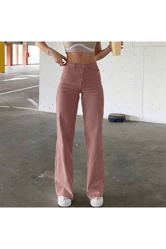 Women’s High Waist Jeans, Straight Wide Leg Button Zip up Denim Pants, Fashion Casual Loose Pants with Pockets