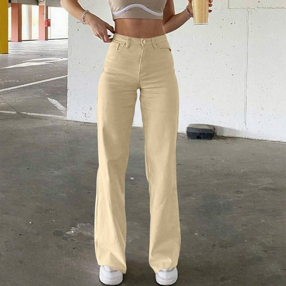 Women’s High Waist Jeans, Straight Wide Leg Button Zip up Denim Pants, Fashion Casual Loose Pants with Pockets