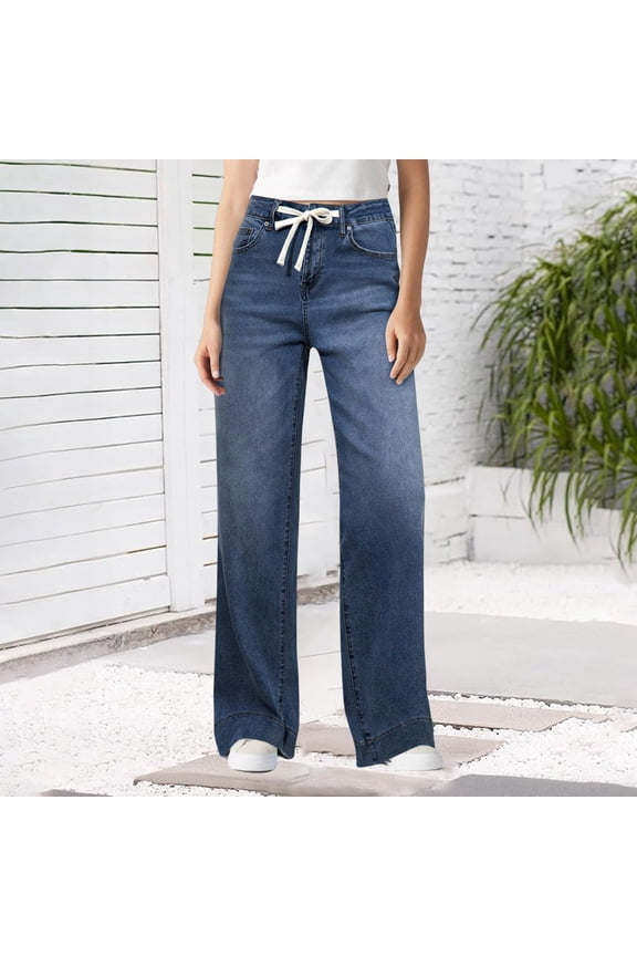 Women's High Waist Jeans, Stretchy Drawstring Wide Leg Pants, Loose Fit Straight Leg Denim, Elastic Waist Mom Jeans, Casual Streetwear Jeans, Comfortable Baggy Jeans Navy XL